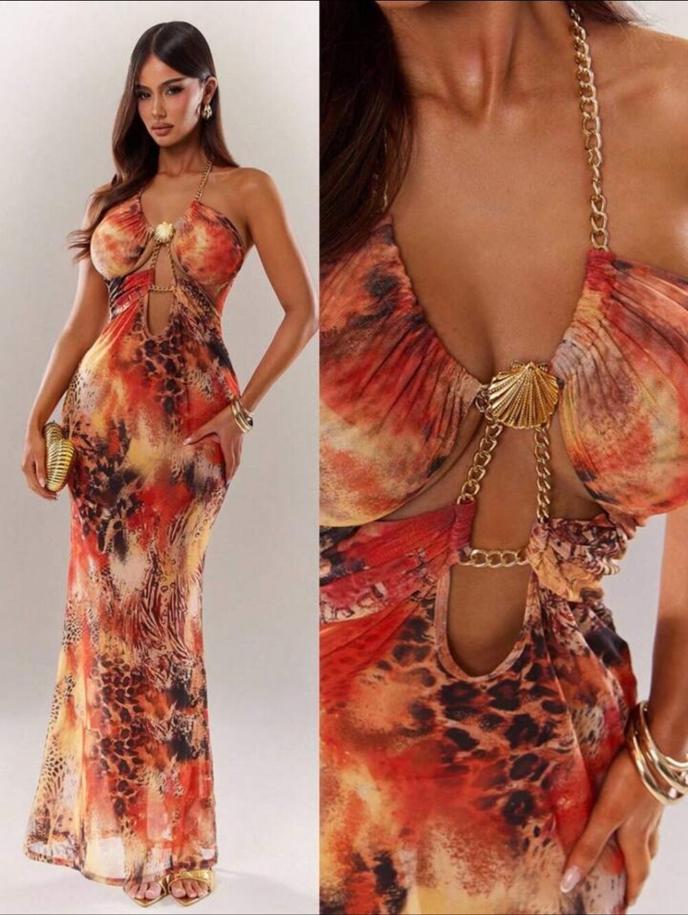 Shein NWOT Sheer Maxi Sunburst Dress With Gold Accents Xs